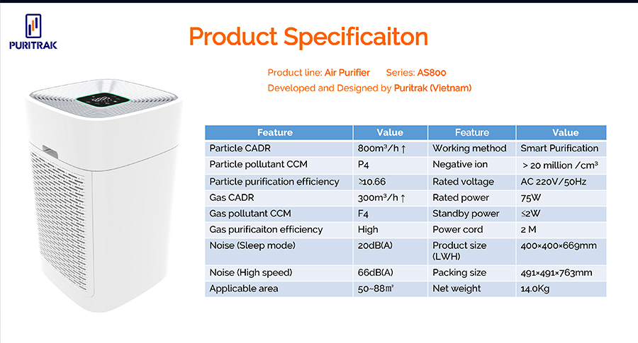 Technical specifications of Puritrak Airsen AS800 air purifier