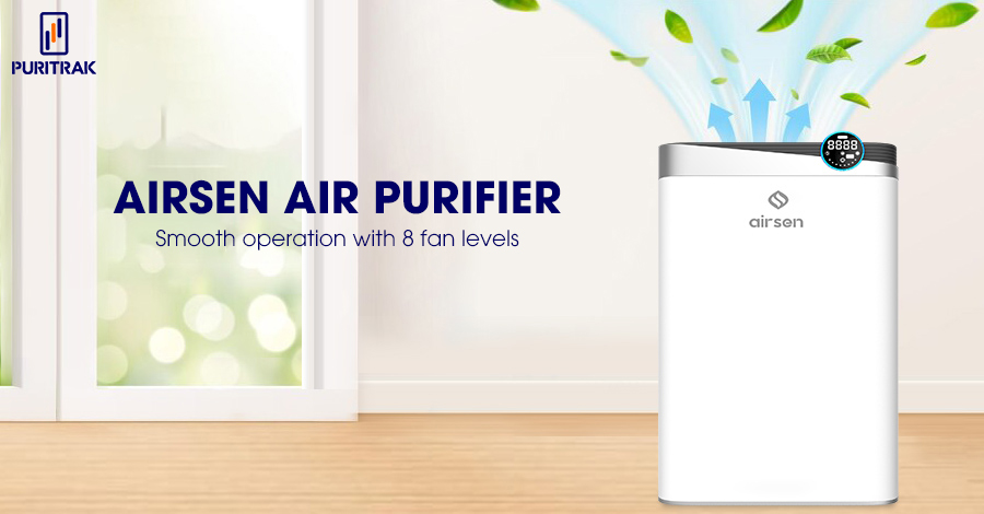 Airsen air purifier with 8 fan speed levels, operates quietly.