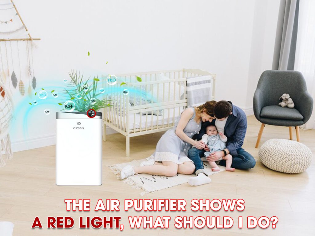 The air purifier shows a red light