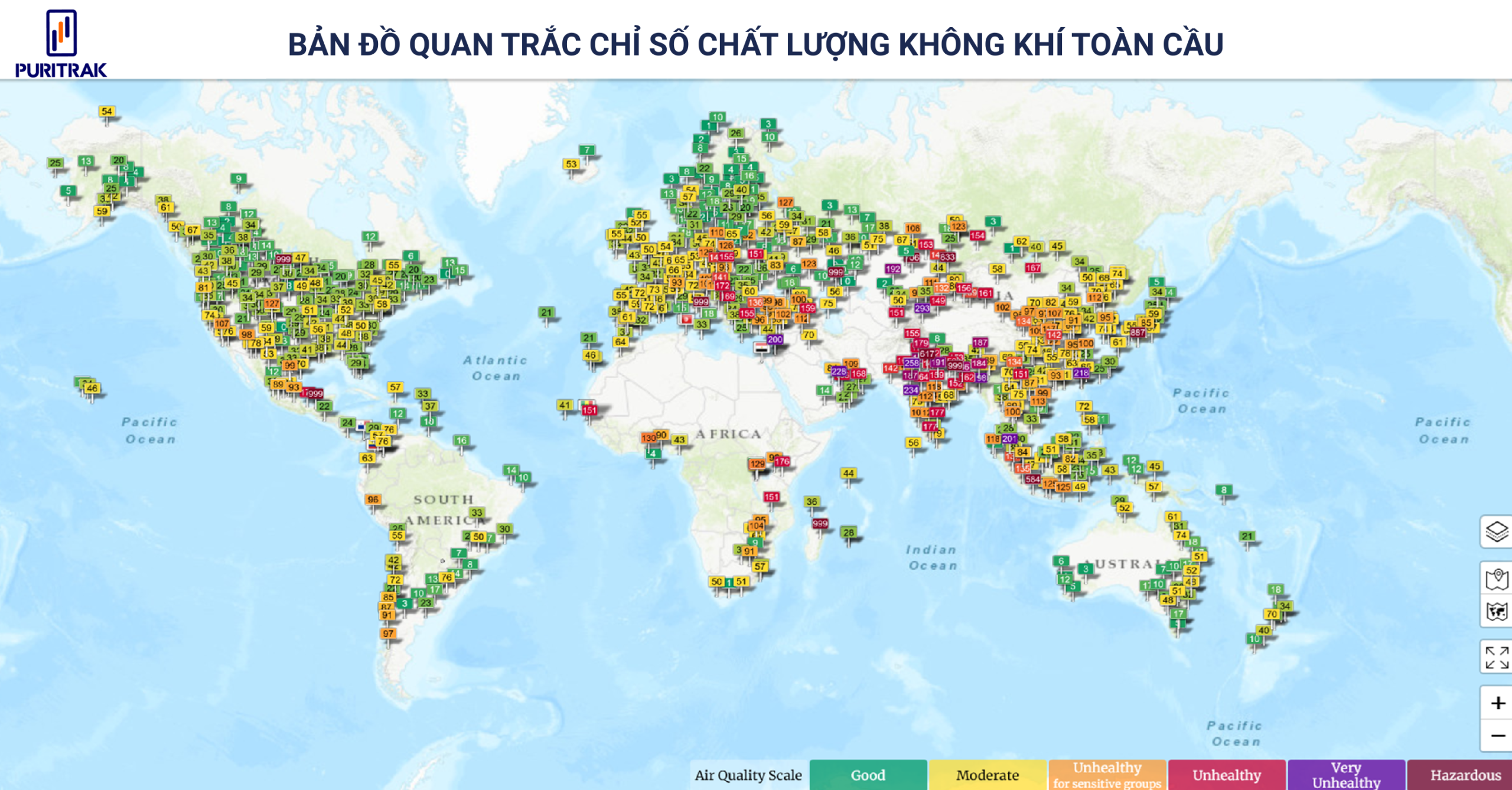 Bản đồ quan trắc chỉ số chất lượng không khí toàn cầu